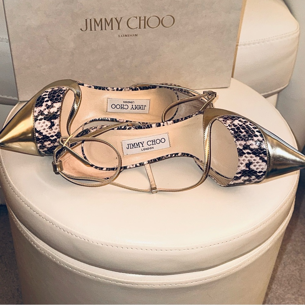 Jimmy Choo Metallic Gold and Snake Print Pointed Toe Heels - Picture 5 of 7
